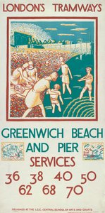 Greenwich Beach und Pier, London County Council LCC Straßenbahnplakat, 1925 von Morris Kestelman