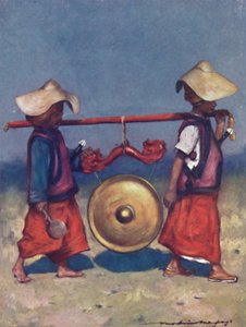 Shan-Träger, die einen Messinggong tragen von Mortimer L Menpes