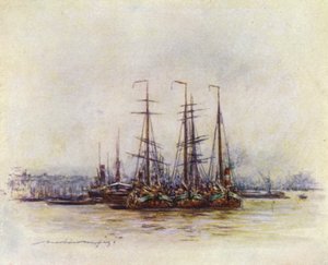 Niederländische Barken in der Nähe des Turms von Mortimer Ludington Menpes