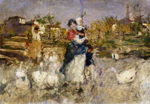 Eine Mutter und Kind mit Gänsen