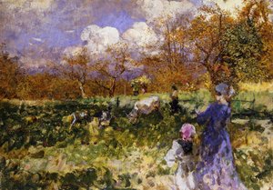 Auf der Wiese; Frauen und Kinder treiben Ziegen