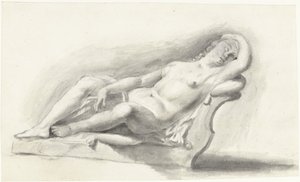 Skulptur einer nackten Frau, liegend auf einem Bankkissen von Moses Ter Borch