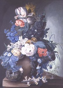 Blumengruppe in einem Glas und Vogelnest von Mrs.Margaret Meen