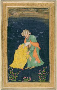 Ein Mullah verbeugt sich vor einem Mann in iranischer Kleidung, der ihn aus seiner Unterwerfung erhebt, aus dem Small Clive Album von Mughal School
