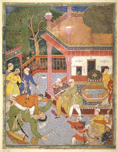 Ein Held tötet einen Riesen vor einer Menge von Zuschauern in einem Hof, Illustration aus dem Hamza Nama, ca. 1555-67