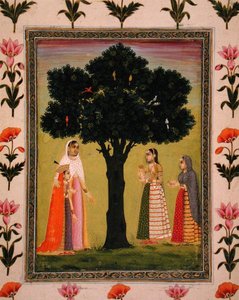 Eine Prinzessin mit ihrem Sohn trifft zwei Damen, die Geschenke anbieten, aus dem Small Clive Album von Mughal School