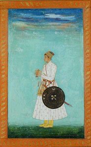 Ein junger Edelmann am Hofe der Moguln hält einen versiegelten Brokatumschlag, ca. 1670-80, aus dem Großen Clive Album von Mughal School