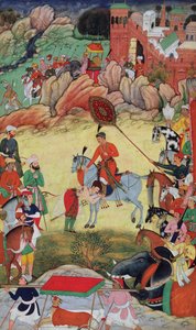 Adham Khan huldigt Akbar in Sarangpur, Zentralindien, 1560 oder 1561, aus dem Akbarnama, 1590-98