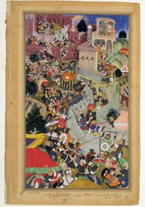 Kaiser Akbar (r.1556-1605) erschießt Saimal bei der Belagerung von Chitov im Jahr 1567, aus dem Akbarnama von Abul Fazi, 1590-98