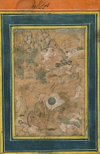 Kaiser Akbar kontrolliert einen Elefanten während einer Jagd, frühes 17. Jahrhundert von Mughal School