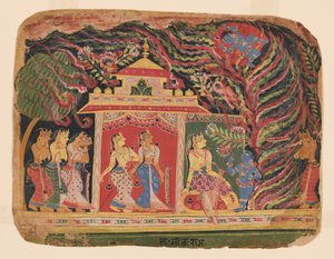 Krishna besiegt Trinavarta, den Dämonenwirbelwind, aus einem Bhagavata Purana (Buch des Herrn)