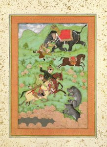 Rajput-Prinzen jagen Bären; ein Mahout und sein Elefant retten einen gefallenen Reiter vor einem Tiger, aus dem Large Clive Album von Mughal School