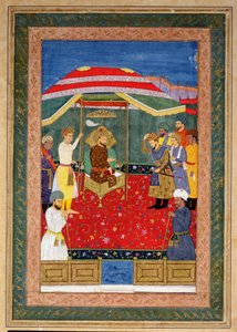 Der Mogulkaiser Babur (1526-30) sitzt auf einem Thron und empfängt einen Prinzen, Johnson Album I, Nr.3 nummeriert 65