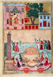Glasbläser-Show auf dem Hippodrom von Konstantinopel. Seite aus dem „Surname-i Humayun“ (Buch der Festlichkeiten) illustriert von Osman. ca. 1582 (Istanbul) Istanbul, Topkapi Sarayi