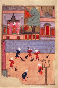 Straßenkehrer. Seite aus dem „Nickname-i Humayun“ (Buch der Festlichkeiten) (ms. hazine 1344, fol. 341 a) illustriert von Osman. ca. 1582 (Istanbul) Istanbul, Topkapi Seray von Mughal School Osman