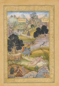 Ein muslimischer Pilger lernt eine Lektion in Frömmigkeit von einem Brahmanen, Folio aus einem Khamsa..., 1597-98 von Muhammad Husain Kashmiri