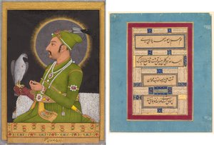 Posthumes Porträt des Mogulkaisers Muhammad Shah (regierte 1719-1748) mit einem Falken (recto); Kalligraphie (verso)
