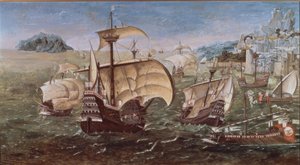 Portugiesische Schiffe an einer felsigen Küste – 16. Jahrhundert – Kopie des Originals aus dem Greenwich Museum