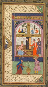 Zulaykha in ihrem Palast und als alte Frau mit Joseph, aus einem Panj Ganj (Fünf Schätze) von Abd al-Rahman Jami (Perser, 1414–1492); Verso: Aus einem Panj Ganj von Abd al-Rahman Jami (Perser, 1414–1492), mit zwei Masnavis: Yusuf va Zulaykha (Joseph und Zu von Mushfiq