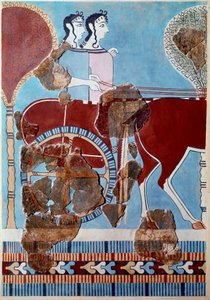 Mykenische Kunst: Paar auf einem Wagen. Fragment eines Freskos aus dem Palast von Tiryns und Rekonstruktion