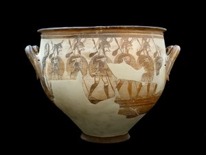 Mykenische Zivilisation: Krater genannt Krieger - Aus dem Kreis der Gräber A in Mykene. 12. Jahrhundert v. Chr. Athen, Nationalmuseum - Mykenische Kunst: Krater der Krieger - Terrakottavase gefunden in Mykene von Mycenaean Mycenaean