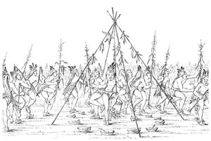 Medizinmänner tanzen um einen Kochtopf und danken dem Großen Geist, 1841 von Myers and Co