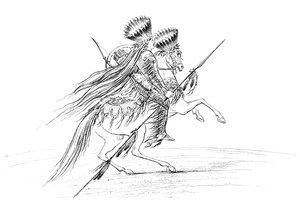 Indianischer Mann mit Waffen und Kopfschmuck, reitet ein Pferd, 1841 von Myers and Co