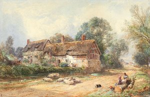 Ein strohgedecktes Cottage an einem Weg von Myles Birket Foster