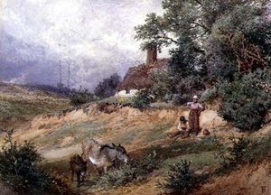 Kinder und Esel bei einem Heidehäuschen von Myles Birket Foster