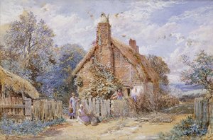 Kinder bei einem strohgedeckten Cottage in Chiddingfold