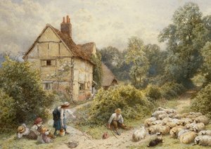 Fowl House Farm, Witley, mit Kindern, einem Schäfer und einer Schafherde in der Nähe