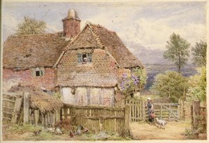 Mädchen mit einem Lamm bei einem Bauernhaus von Myles Birket Foster