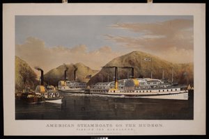Amerikanische Dampfschiffe auf dem Hudson. Vorbeifahrt an den Highlands. Drew, St John und Excelsior