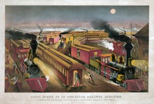 Nachtszene an einem amerikanischen Eisenbahnknotenpunkt von Currier & Ives von Currier and Ives