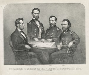Präsident Lincoln im Hauptquartier von General Grant, ca. 1865 (Lithographie) von Currier and Ives