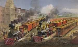 Amerikanische Eisenbahnszene: Blitzexpresszüge verlassen den Knotenpunkt, 1874 von N. and Ives, J.M. Currier