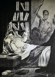Currier & Ives Illustration 19. Jahrhundert. Der böse Mann in der Todesstunde