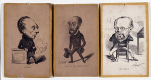 3 Karikaturporträts: François Pierre Guillaume Guizot (1787-1874), französischer Historiker und Politiker, Charles Jean-Baptiste (Jean Baptiste) Jacquot dit Eugène de Mirecourt (1812-1880), französischer Journalist und Schriftsteller, und Pierre-Joseph Pro von Nadar