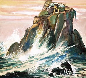 Peter Pan und Wendy Darling auf einem Felsen, Illustration aus 