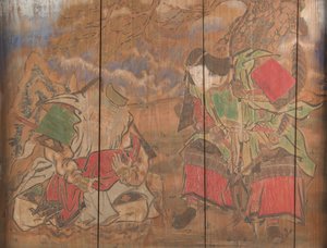 Kaiserin Jingu, ihr Minister Takenochi no Sukune und ein Säugling, der zukünftige Kaiser Ojin