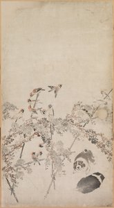 Welpen, Spatzen und Chrysanthemen, 1754-1799 von Nagasawa Rosetsu