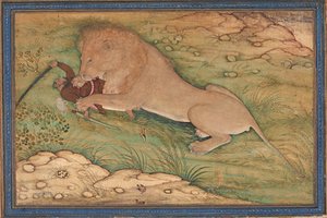 Gefahren der Jagd, ein Löwe stürzt sich auf einen Jäger, um 1615