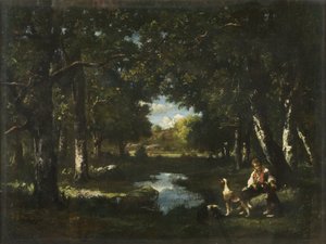 Mann und Hund ruhen sich in einer Waldlichtung aus von Narcisse Virgile Diaz de la Peña