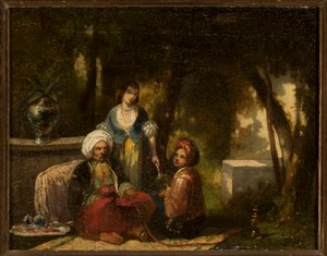 Mann mit Wasserpfeife vor einer Waldlandschaft von Narcisse Virgile Diaz de la Peña