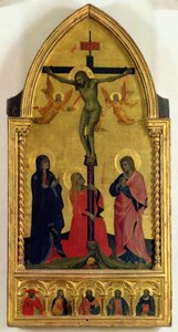 Die Kreuzigung mit Trauernden und St. Maria Magdalena, das Predella-Panel zeigt SS. Hieronymus, Paulus, Jakobus, Petrus und einen unbekannten Heiligen von Nardo di Cione Orcagna