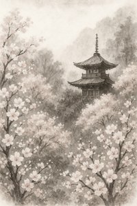 Japanische Pagode Kirschblüten von Natalie Bruns