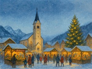 Verschneites Dorf Weihnachtsmarkt