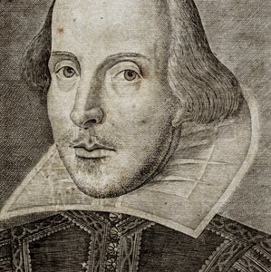 Detail des Porträts von William Shakespeare auf dem Frontispiz von Komödien, Historien und Tragödien von Nathan Benn