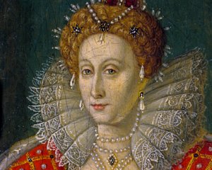 Detail eines Miniatur-Ölgemäldeporträts von Königin Elizabeth I. von England und Irland
