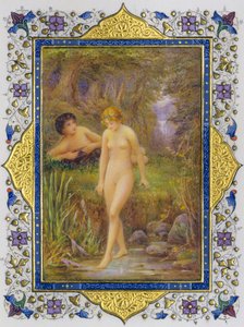 Illuminierte Seite aus einem Buch von Shakespeares Sonetten mit nackter Frau in pastoraler Fantasie von Nathan Benn